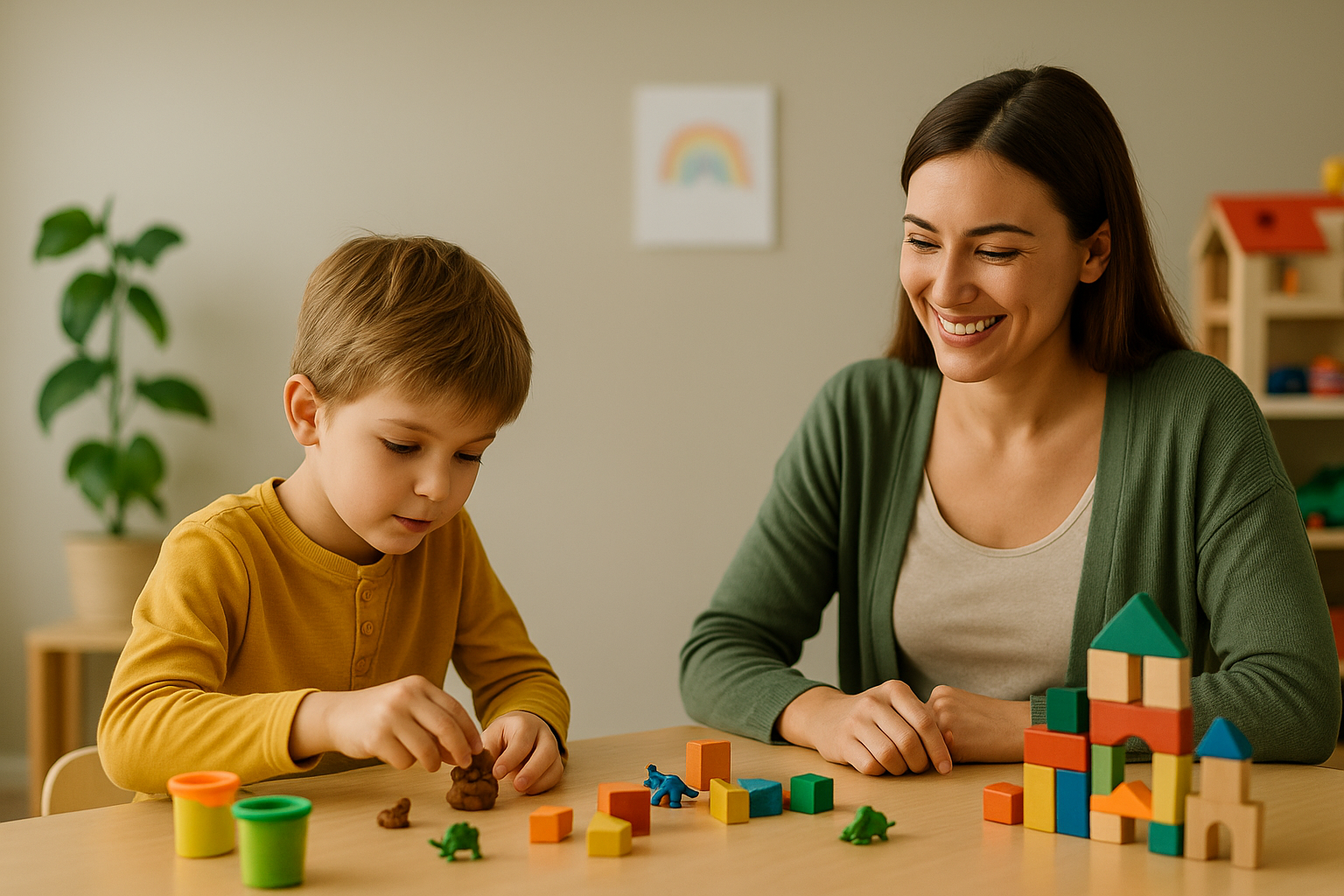 Oyun terapisi odasında çocukla terapötik oyun